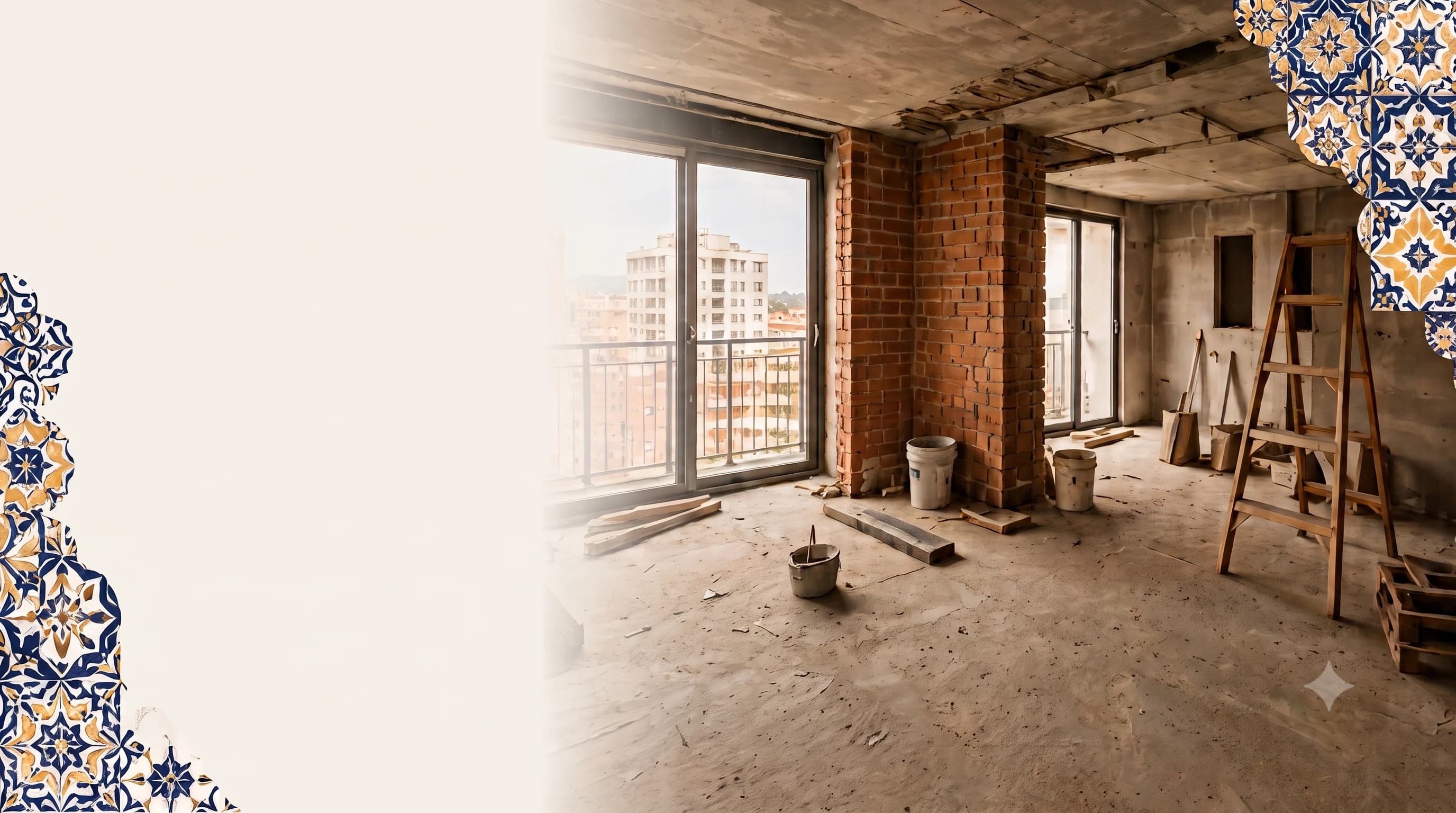 Sala do nosso apartamento em obras, com parede de tijolo aparente, escada de madeira e vista da cidade pela sacada